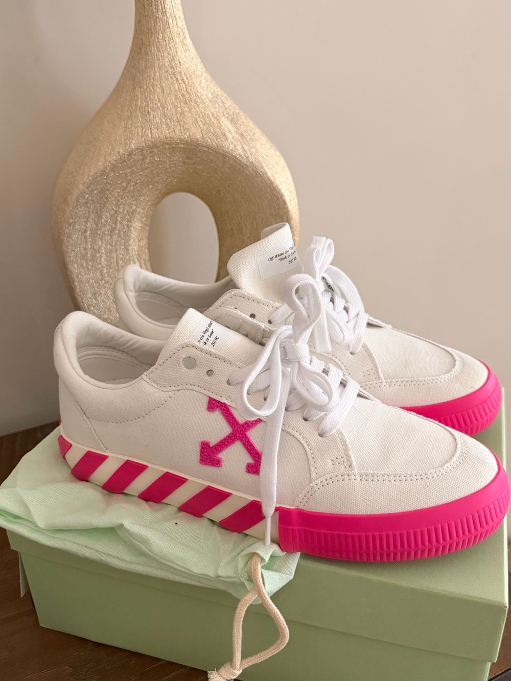 Off-White White Canvas Sneakers with Pink Arrow & Stripe